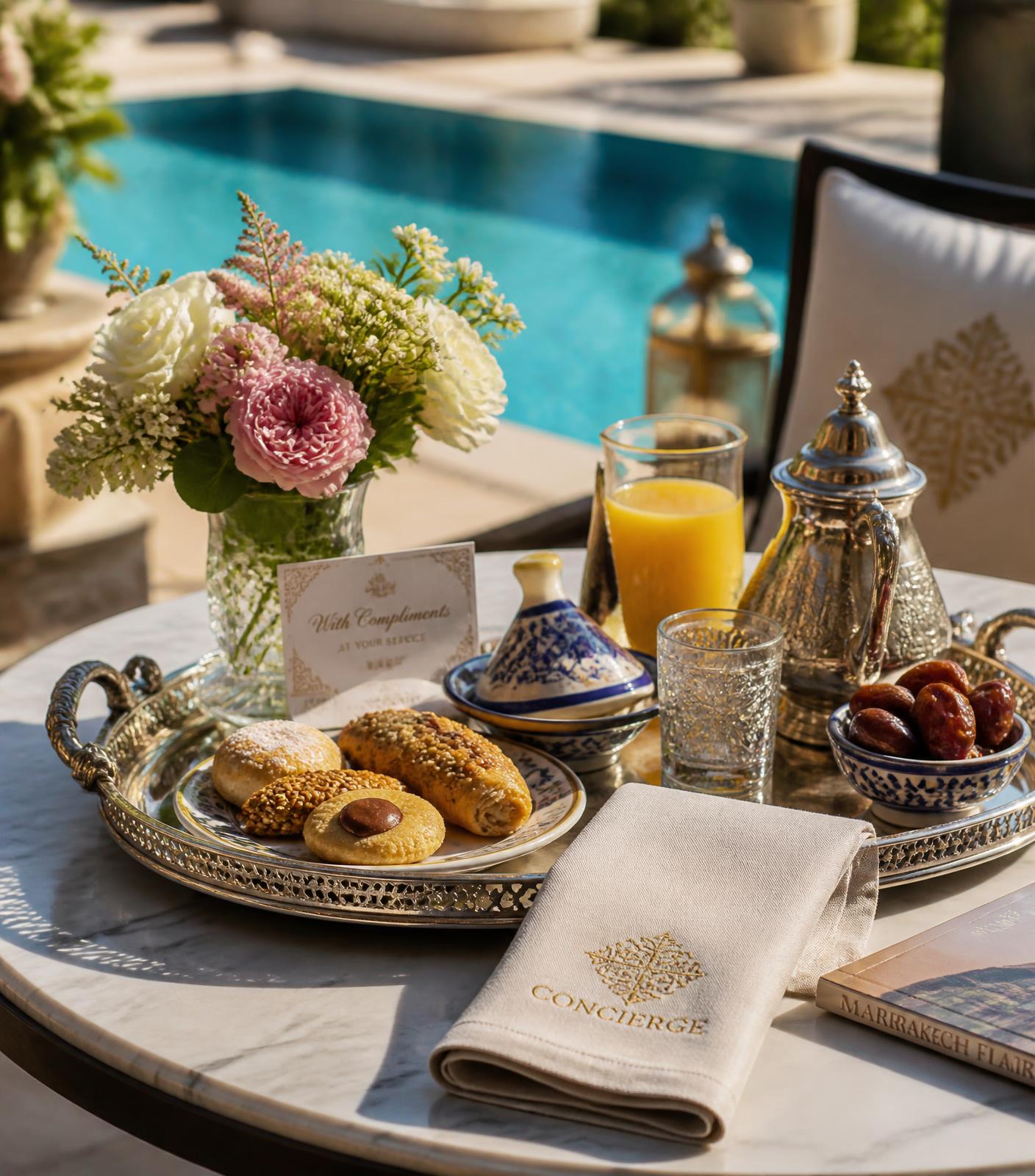 Accueil concierge Keyora avec plateau de bienvenue au bord de la piscine