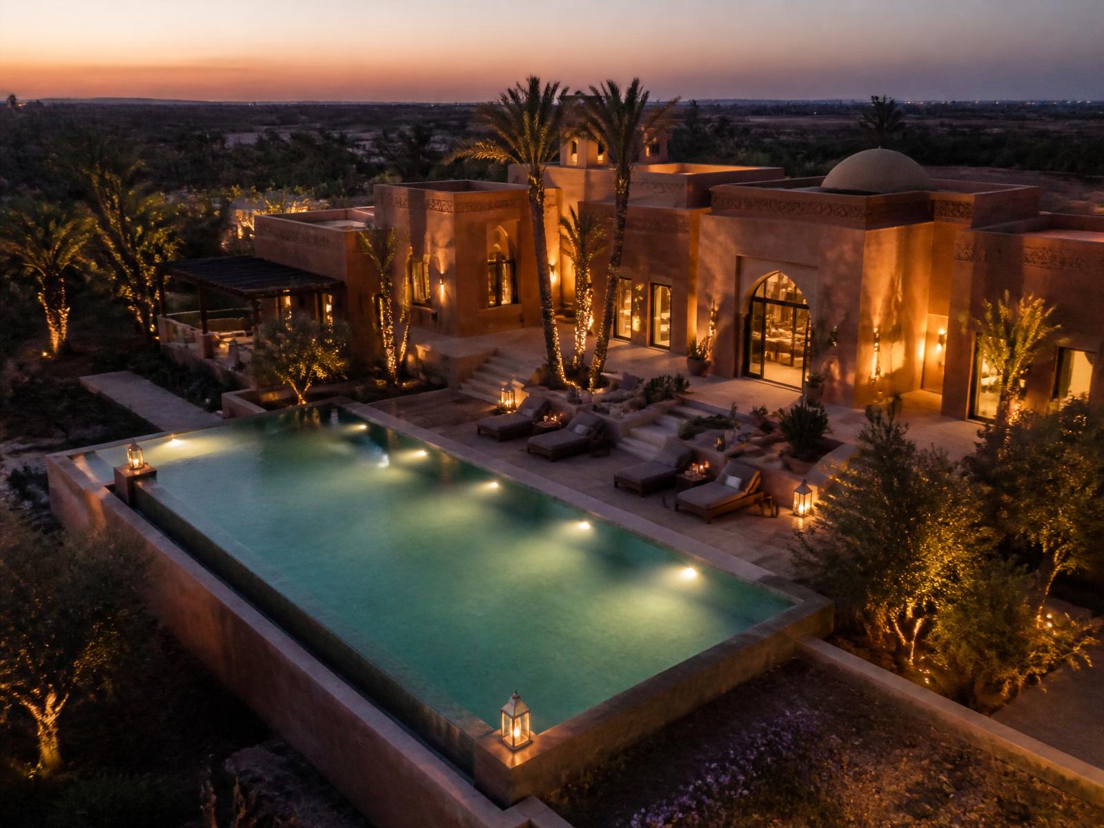 Vue aérienne d'une villa marocaine de luxe avec piscine à débordement
